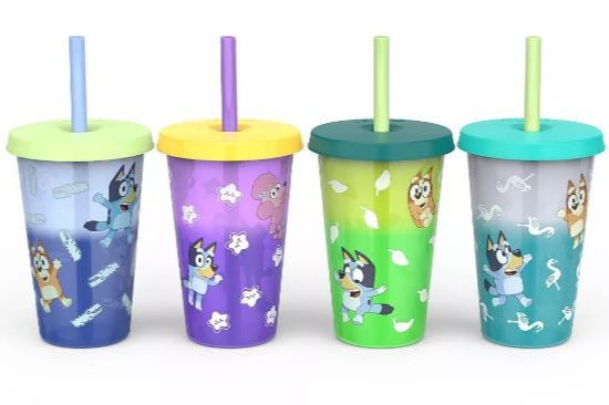 Set de 4 vasos Bluey con popote cambian de color