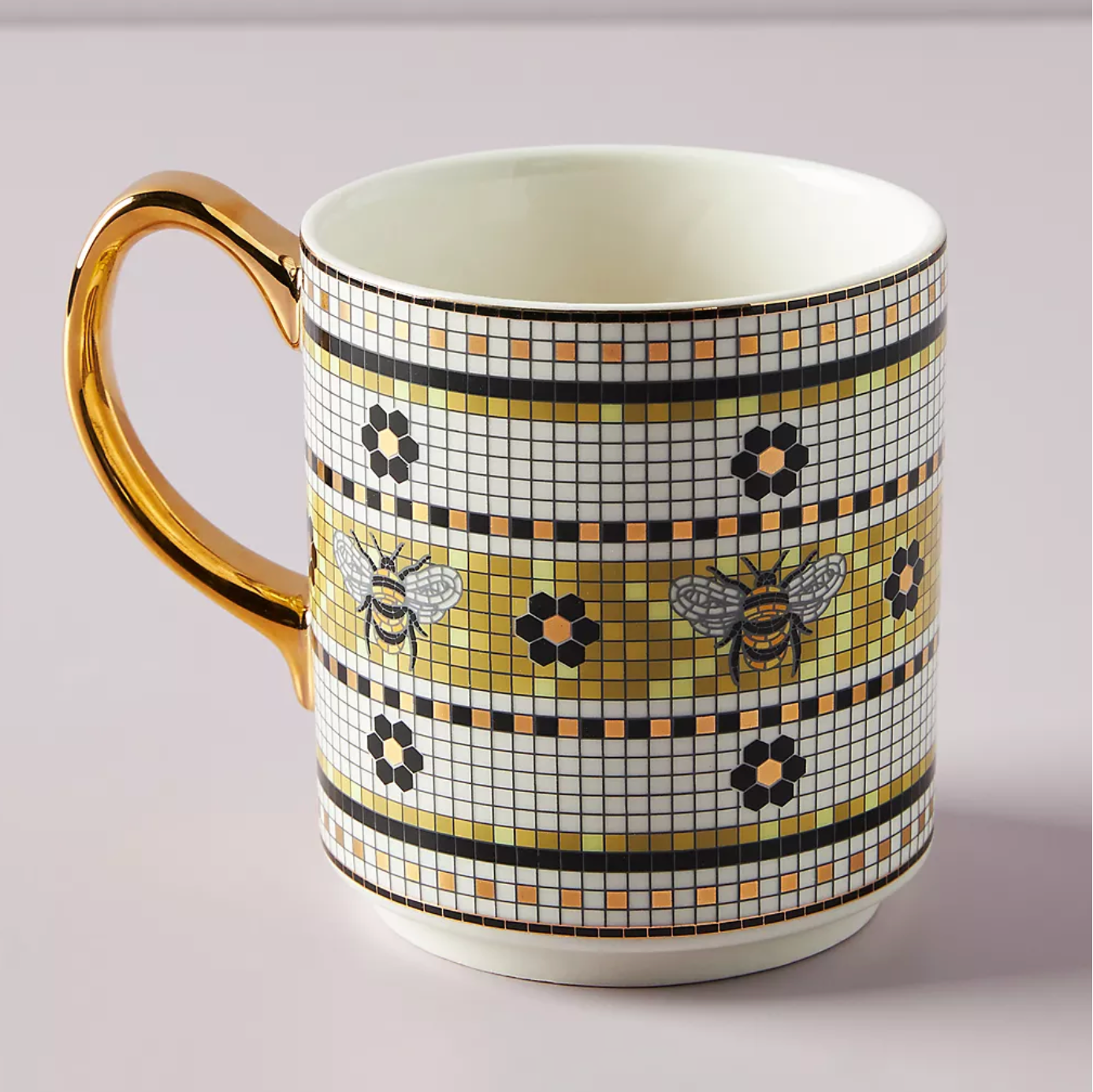 Taza ANTHROPOLOGIE - Bistro Tile Stoneware 24k Gold Accent 🐝