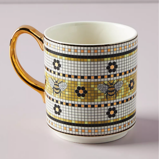 Taza ANTHROPOLOGIE - Bistro Tile Stoneware 24k Gold Accent 🐝