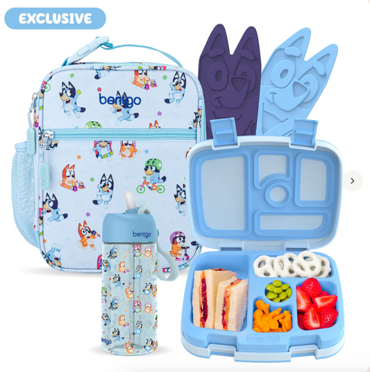 Bentgo + Bluey Kids Prints 5-Piece Lunch Box Set | Set lonchera | Play day 🩵