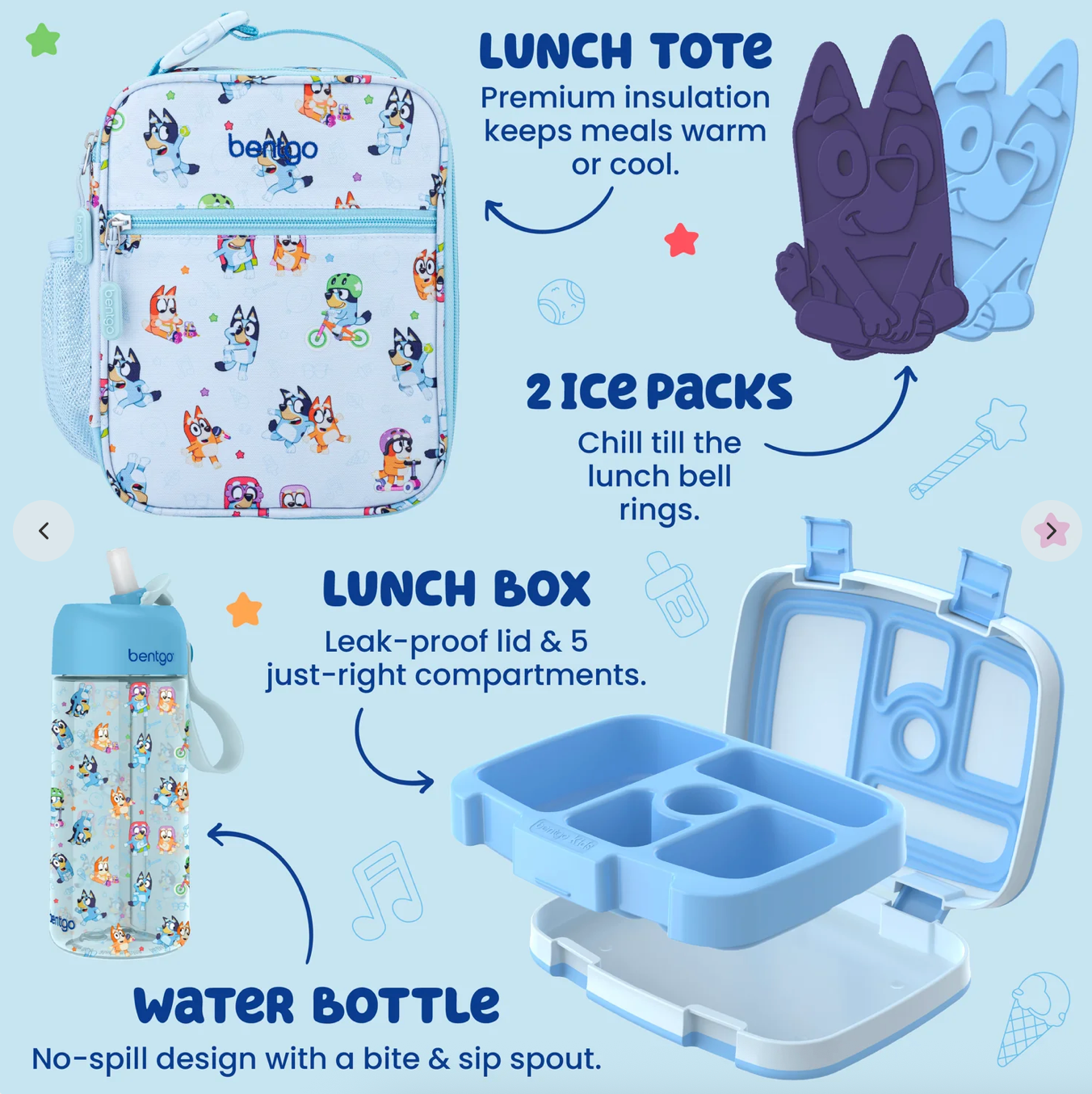 Bentgo + Bluey Kids Prints 5-Piece Lunch Box Set | Set lonchera | Play day 🩵