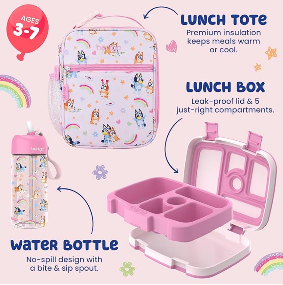 Bentgo + Bluey Kids Prints 3-Piece Lunch Box Set | Set lonchera | Hearts &